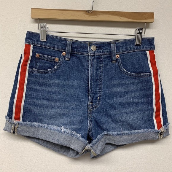 Gap High Rise 4-Inch Denim Shorts Size 27 Red Side Stripe Cutoff Frayed Hem - Picture 1 of 8